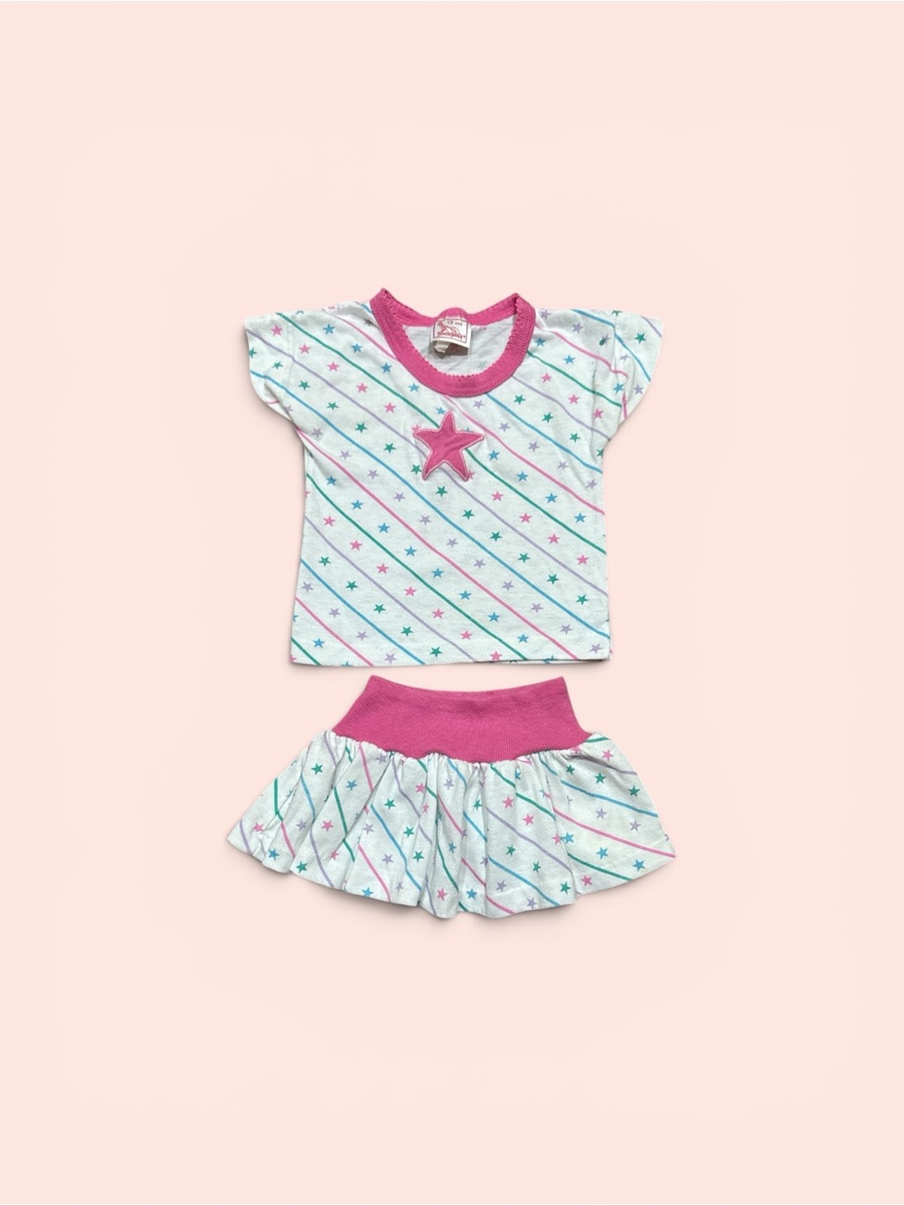 Vintage Buster Brown Girls Two Piece Set Shirt & Skirt Size 12 Month Pink Star